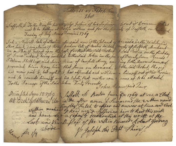 John Adams Autograph Manuscript Signed From 1769 -- Adams Advocates for Notable Bostonian John Melvill in a Debt Dispute